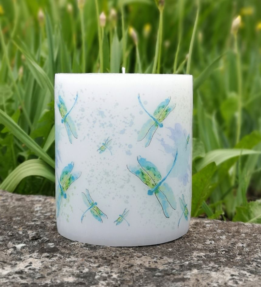 Large pillar candle with picture of dragonflies