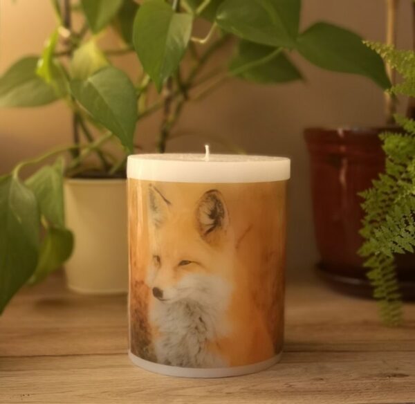 Pillar photo candle with a Fox image.