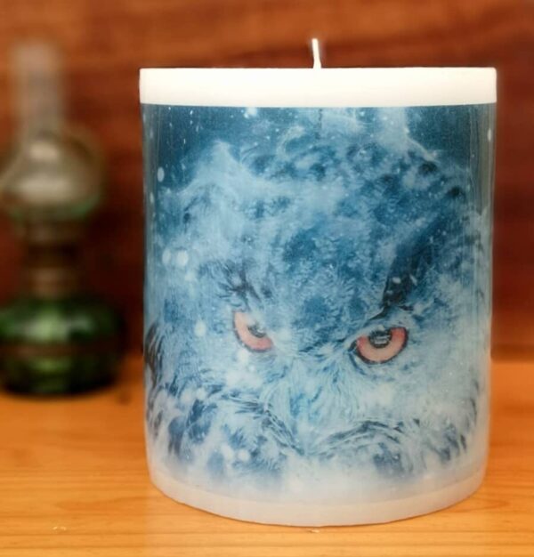 Pillar candle with an Owl picture.