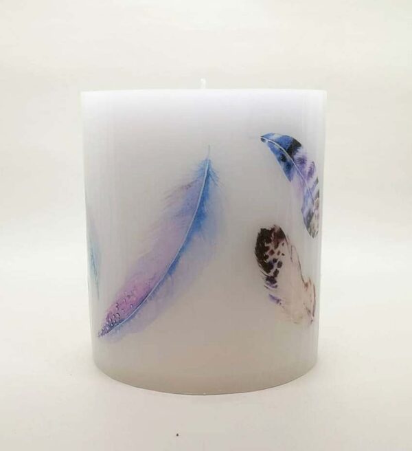Pillar candle with a picture of Pink Feathers