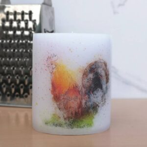 Pillar candle with a Rooster picture.