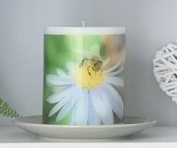 Pillar photo candle with a Bee image.