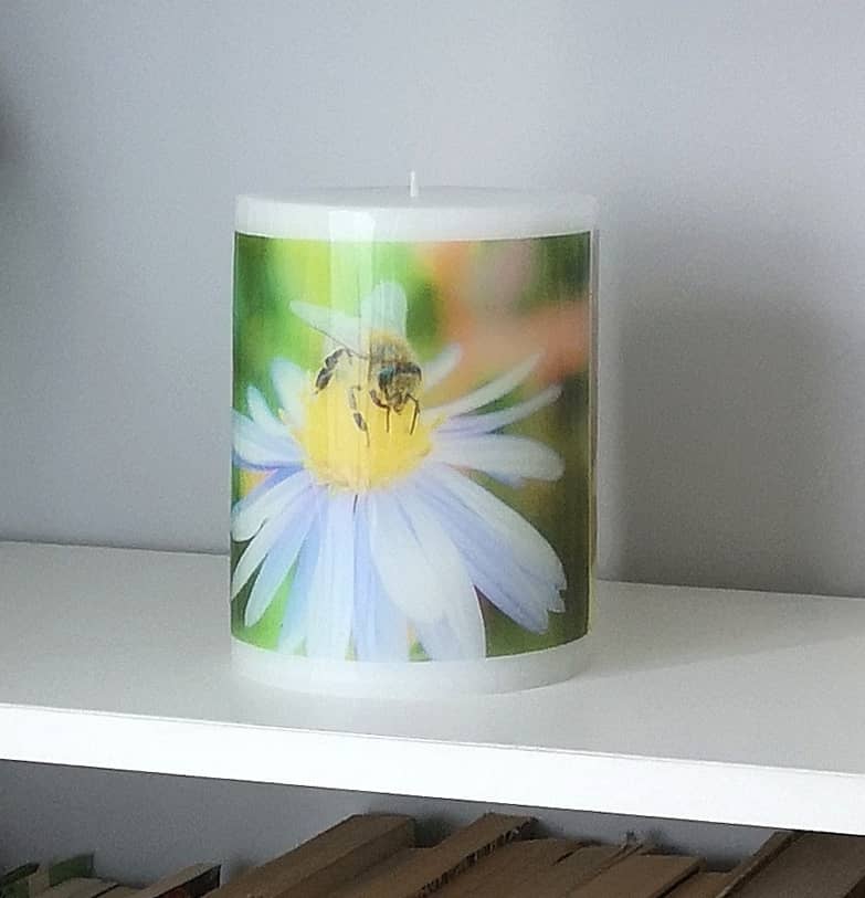 Pillar photo candle with a Bee image.