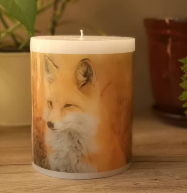 Pillar photo candle with a Fox image.