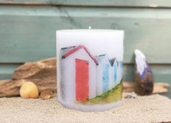 Pillar candle with a picture of Beach Huts.