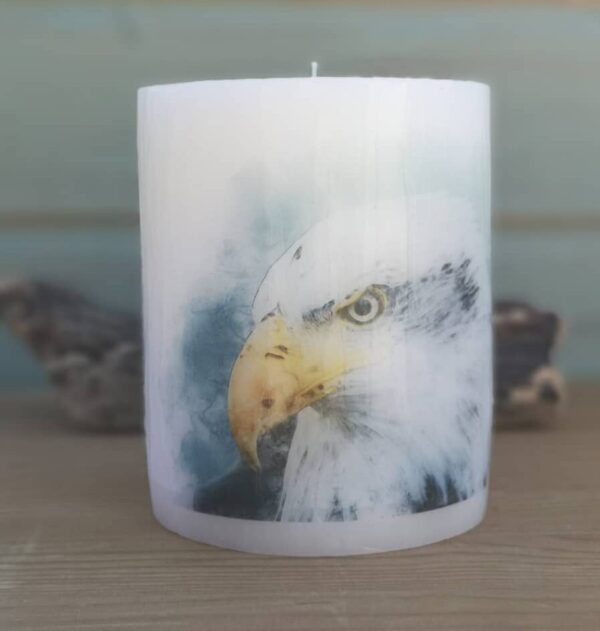 Pillar candle with an Eagle picture.
