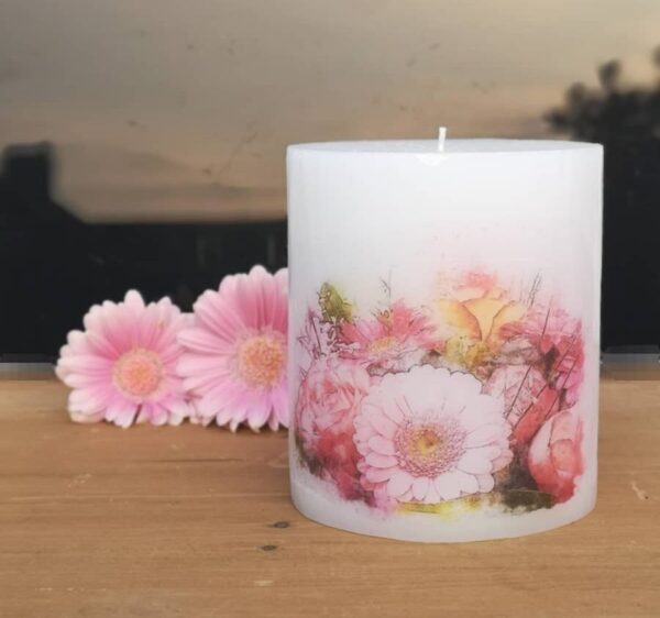 Pillar candle with a Pink Gerbera picture.