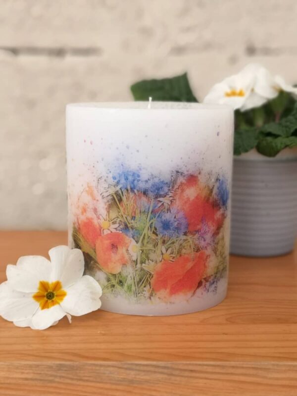 Pillar candle with a picture of Wild Flowers.