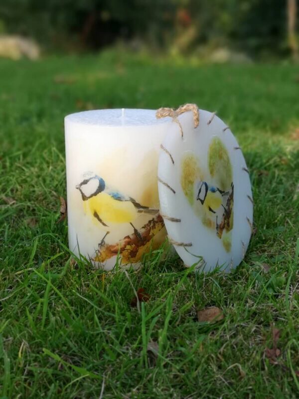 Candle and wall decoration with image of Blue Tit