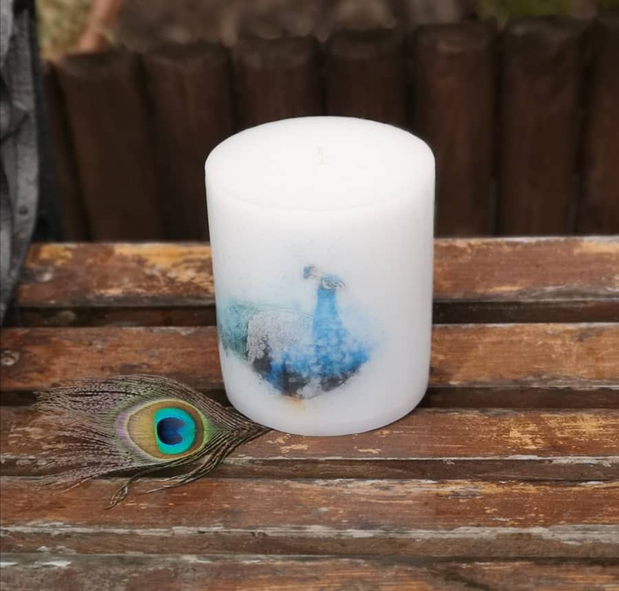 Candle with picture of peacock