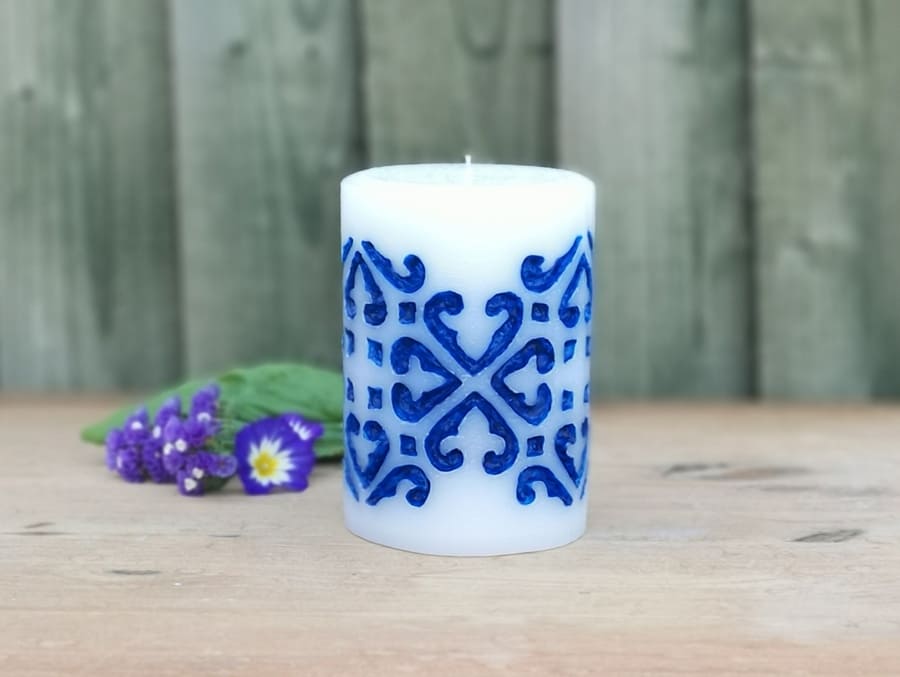 Medium pillar candle - hand carved and hand painted with blue wax