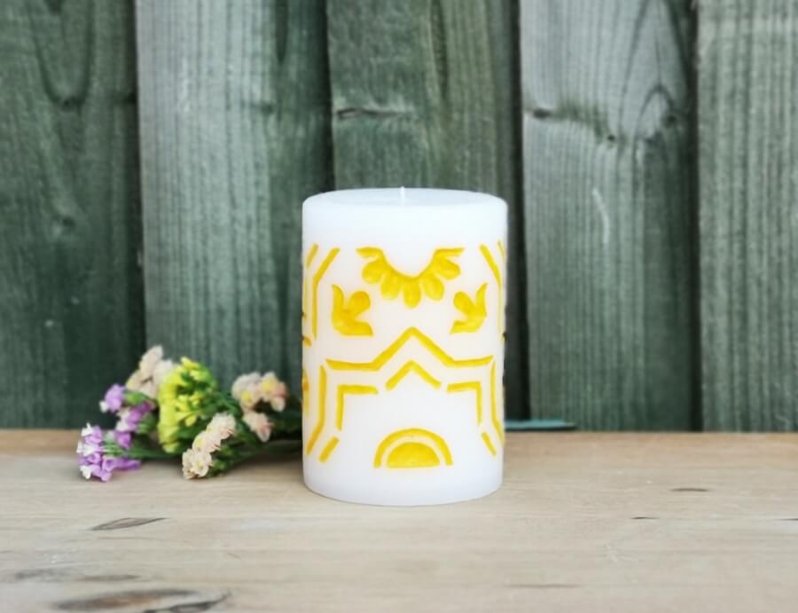 Medium pillar candle - hand carved and hand painted with yellow wax