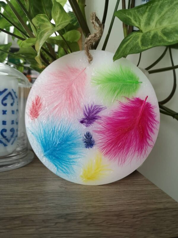 Wax ornament with coloured feathers