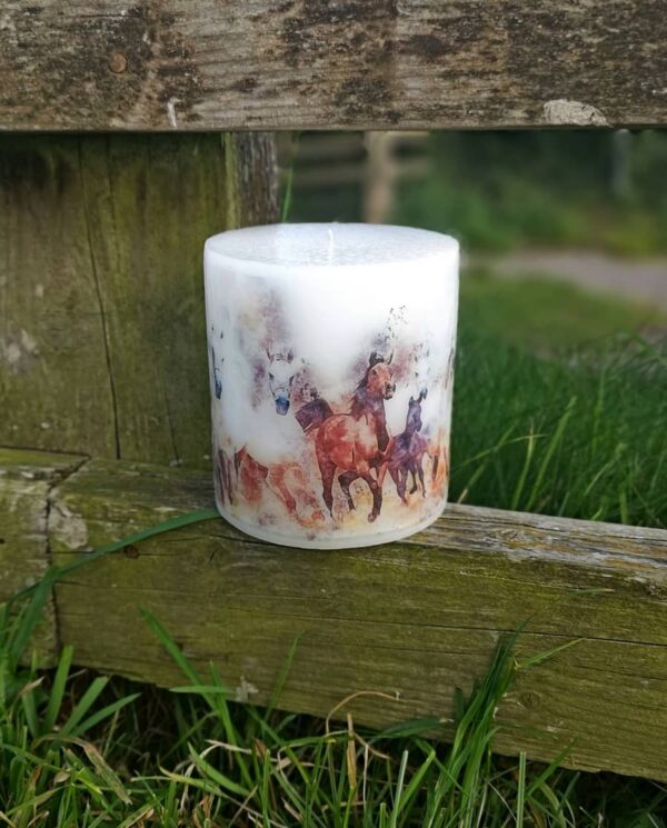 Pillar candle with a picture of Horses.