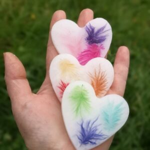 Set of 3 fridge magnets with coloured feathers.