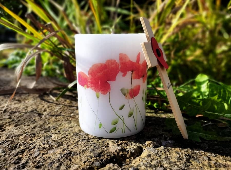 Pillar candle with a picture of Poppies.