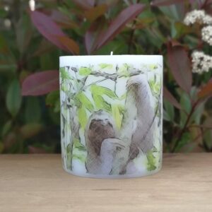 Pillar candle with a picture of a sloth.