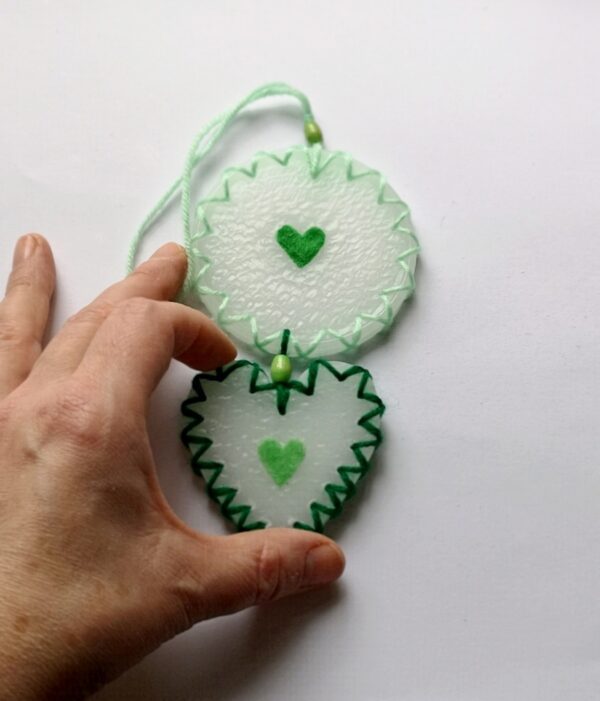 Double ornament Heart light & dark green colour.