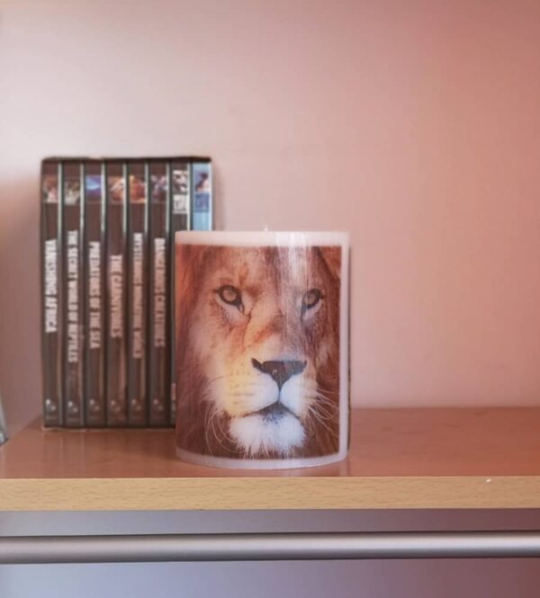 Pillar photo candle with Lion images.
