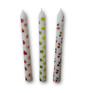 The set of 3 taper candles with fruit pattern.