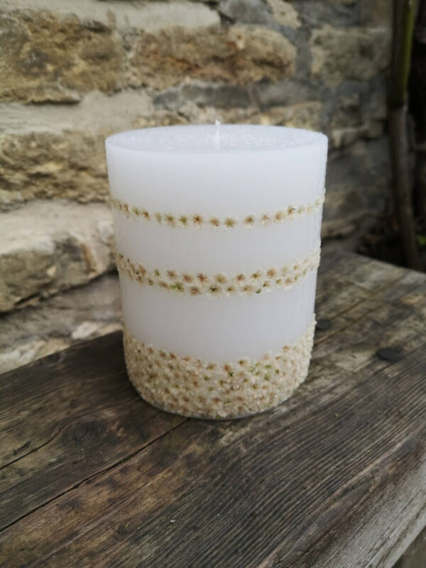 Botanic candle with dried Baby's Breath flowers - ring pattern.