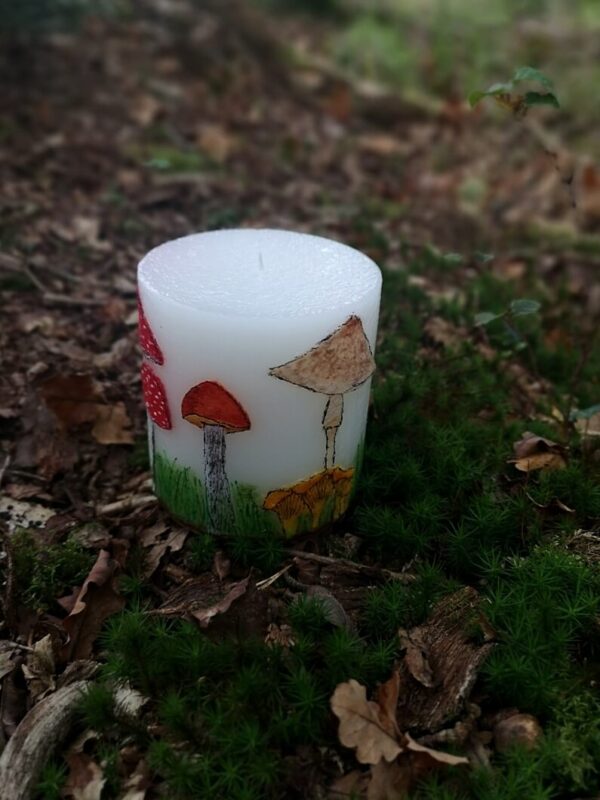 Large pillar candle felt mushroom.
