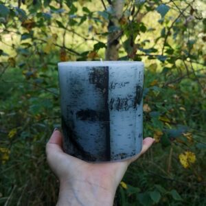 Large candle with printed Silver Birch bark tree pattern.